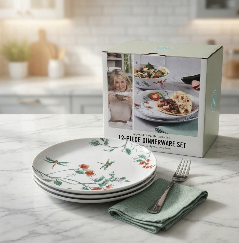 Martha Stewart 12 Piece Dragonfly Melamine Dinnerware Set Service for 4 NIB